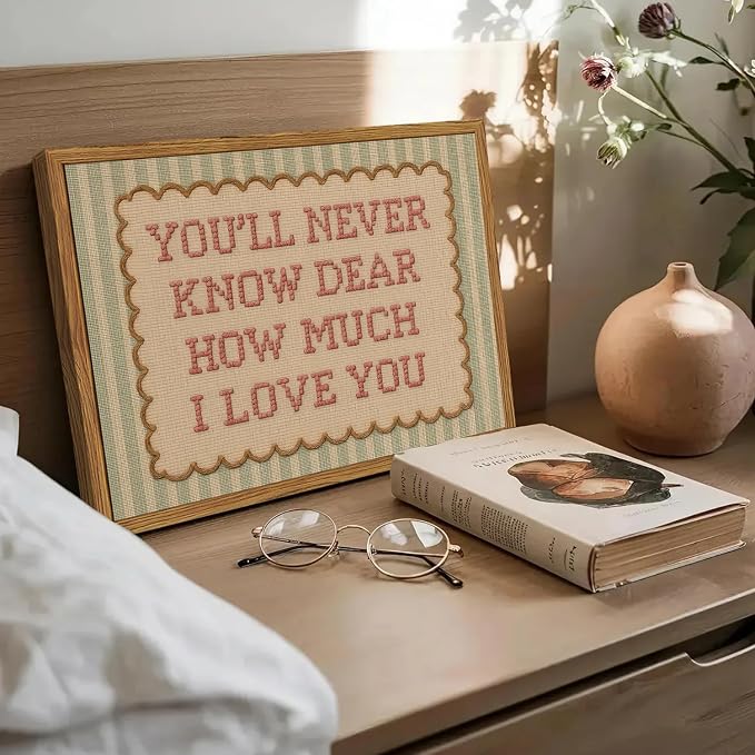 Framed You'll Never Know Dear How Much I Love You Wall Art, Vintage Nursery Pink Green Striped Pictures Wall Decor, Inspirational Quote Paintings Canvas Prints for Girl Bedroom Living Room 12x16 inch