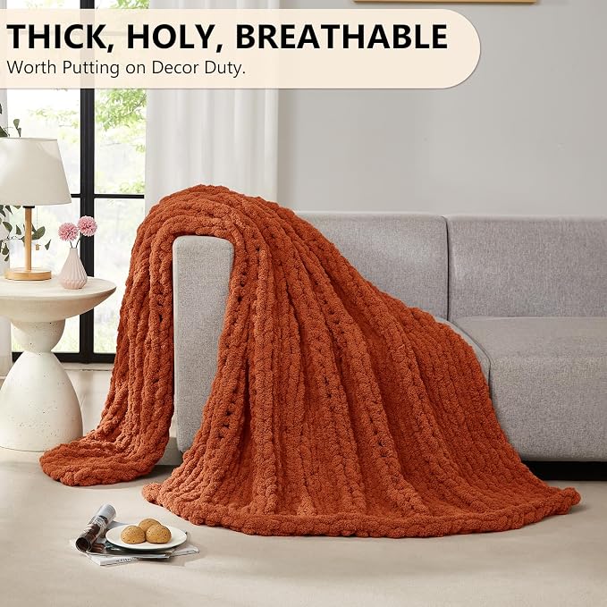 L'AGRATY Chunky Knit Throw Blanket for Couch, 72 x 84 Inches, Rusty Orange | Handmade Chenille Crochet Blanket for Sofa Bed, Thick Cable Knitted Blankets for Room Home Decor, Birthday Gift for Women Mom