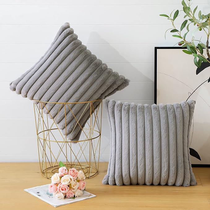 Soleebee Set of 2 Throw Pillow Covers Soft Cozy Velvet Pillowcase Faux Rabbit Fur Cover for Couch Sofa Bed Chair Home Decorative Pillows Cover (18x18 Inch, Smoky Gray)