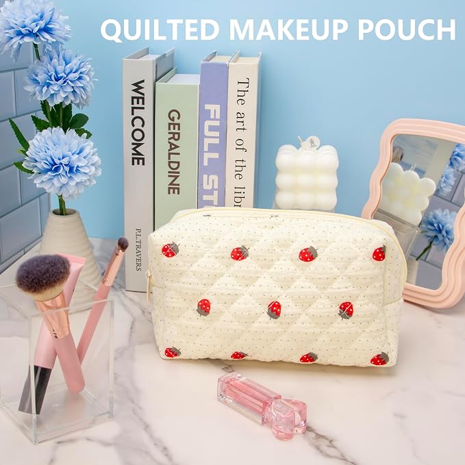 PAZIMIIK Small Quilted Makeup Bag,Zipper Cosmetic Pouch,Gauze Strawberry | Lightweight Cosmetic Bag Organizer for Women,Purse Storage Holds Makeup,Toiletries,Skincare,Beauty Essentials,Travel Items