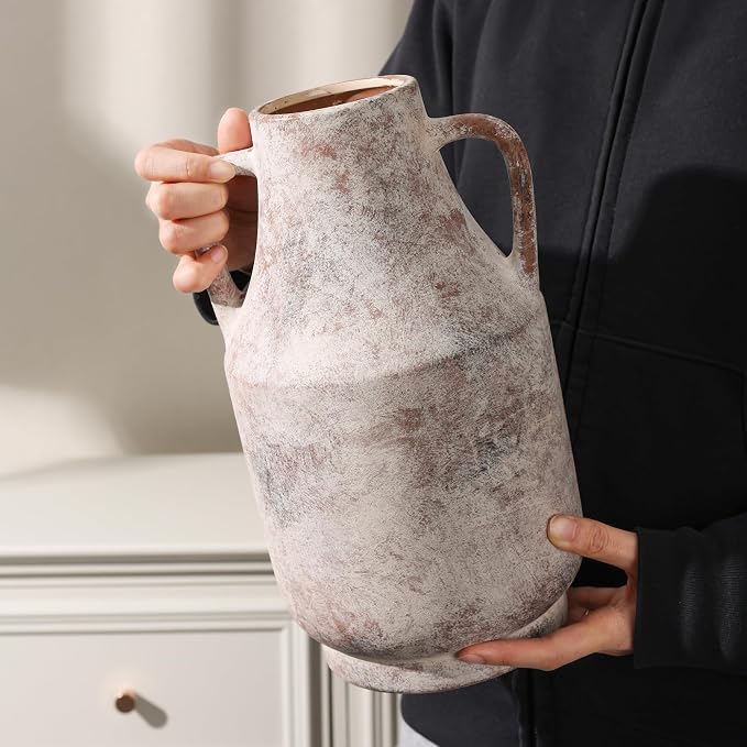 Ceramic Flower Vase with Handles, 11 Inch Tall Rustic Vase, Large Terracotta Pottery Vase for Home Decor, Farmhouse Decorative Vase for Living Room Kitchen Table Shelf Bedroom Decor