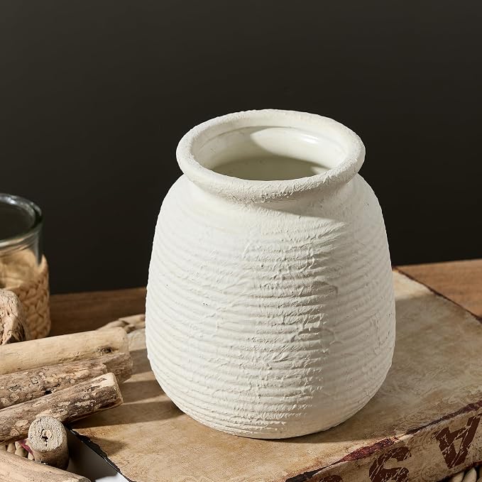 Ceramic Flower Vase, Small Rustic Farmhouse Vases Home Decor, Short Pottery Decorative Pampas Vase for Table Living Room Entryway Mantel Bookshelf Bedroom Bathroom Kitchen - 6" W