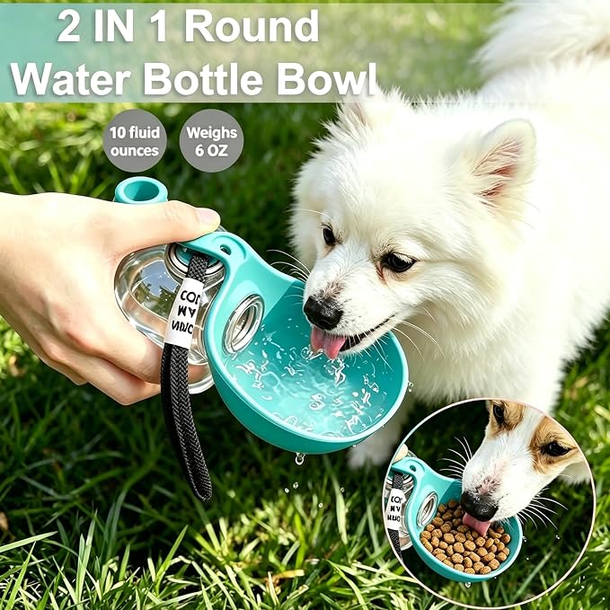 Dog Water Bottle Portable, 2in1 Round Dog Water Bowl PET 10oz