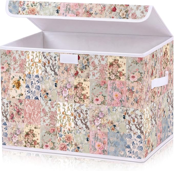 Briwooody Vintage Floral Storage Bin with Lid and Carrying Handle Retro Flower Foldable Storage Box Large Farmhouse Decorative Collapsible Container Basket for Organizing Closet Home Bedroom Gift