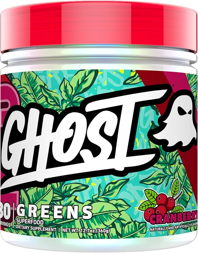 GHOST Greens Superfood Powder, Cranberry- 30 Servings - 19 Super Greens & Reds, Fruits, Vegetables, Spirulina, & Chlorella, Prebiotics, 10 Billion CFU Probiotic & Digestive Enzymes - Soy-Free