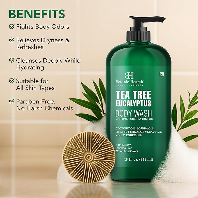 Botanic Hearth Tea Tree Eucalyptus Body Wash with Silicone Dual-Sided Design Body Brush & Scrubber | Infused with 100% Pure Tea Tree Oil, Coconut, Jojoba|Foot & Body Cleanser |Paraben Free |16 fl oz