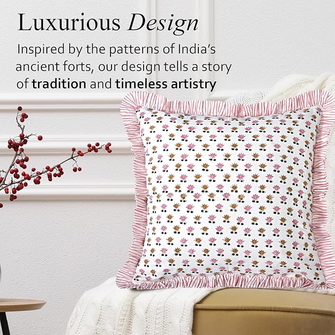 CPC Rosette Bloom Hand Block Print 100% Cotton Ruffle Throw Pillow Cover 24x24 inch with Hidden Zipper Decorative for Couch, Bed, Sofa, Farmhouse, Cottagecore Decor Gift Christmas Fall Thanksgiving