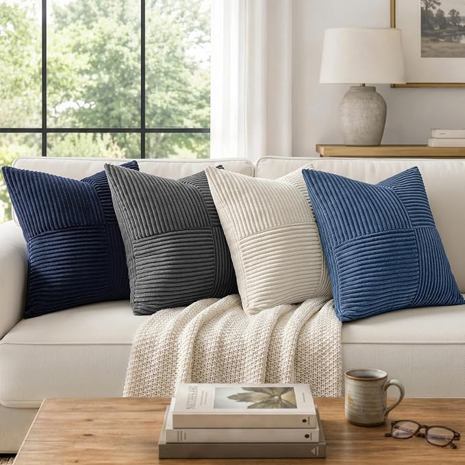 MIULEE Grey Decorative Throw Pillow Covers for Couch 20x20 Inch | 2 Pack, Boho Farmhouse Pillow Covers, Soft Cross Corduroy Patchwork Textured Cushion Cases For Bed Sofa