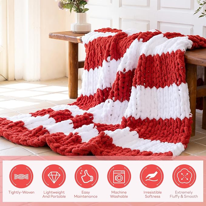 Chunky Knit Blanket - Luxury Soft Cozy 50 * 60 Throw Blanket,100% Woven Blanket Rope Knot Throw Blanket for Couch, Sofa, Home Decor, Gift - Machine Washable (White/Wine red, 50 * 60)