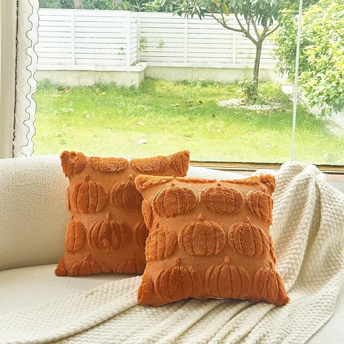 Pack of 2 Best Gift Happy Fall Y'all Pumpkin Fluffy Soft Decorative Throw Pillow Covers Cushion Case for Bed Couch Sofa Farmhouse Square 18''X18'inches (Pumpkin)