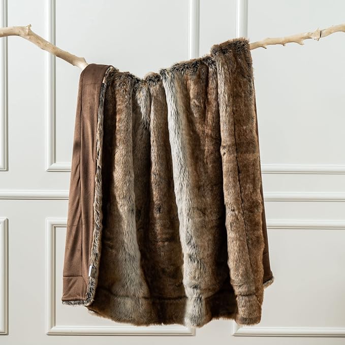 BATTILO Luxury Brown Faux Fur Throw Blanket for Couch,50"x60", Shaggy | Super Thick Warm Elegant Cozy Plush Furry Fuzzy Fluffy Faux Fur Blankets for Bed, Sofa, Living Room, Home Decor