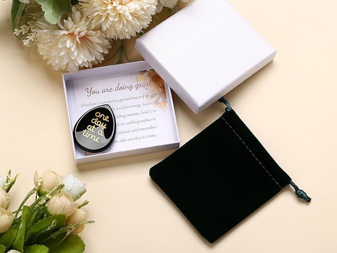 LAIDANLA Worry Stone for Anxiety Black Obsidian Healing Crystal Sensory Fidget Thumb Stones One Day at A Time Mental Health Relief Items Inspirational Sobriety Thinking of You Gifts for Women Men
