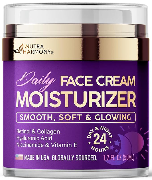 Face Moisturizer - Day & Night Face Cream - Collagen | Retinol | Hyaluronic Acid | Ceramides - Smooth, Soft & Glowing Skin - DD Cream for Women & Men - Dermatologically Tested - Made in USA 1.7 FL OZ