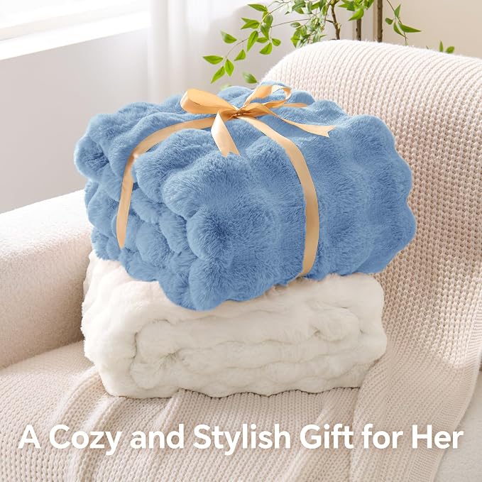BEDELITE Faux Fur Throw Bubble Blanket for Couch, 50" x 60", Light Blue | 870GSM Soft Cozy Plush Blanket for Sofa & Bed Living Room Decor, Warm Fuzzy Faux Rabbit Fur for Women Gift, All Season Use