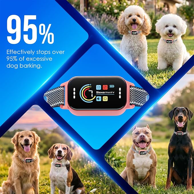 Dog Bark Collar, Auto Anti Barking Collar for Large Medium Small Dogs 11-120lbs, 7 Sensitivity Levels, 5 Safe Training Modes, Humane Bark Training Collar, No Shock Option Pink