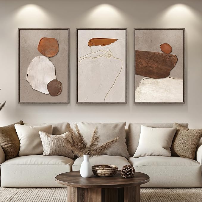 Large Framed Neutral Abstract Wall Art, Set of 3, Beige Brown, 24x36 In | Rustic canvas prints paintings, Wood frame, Minimalist stone pictures, Modern Wall decor for Living Room Hallway Stair Office