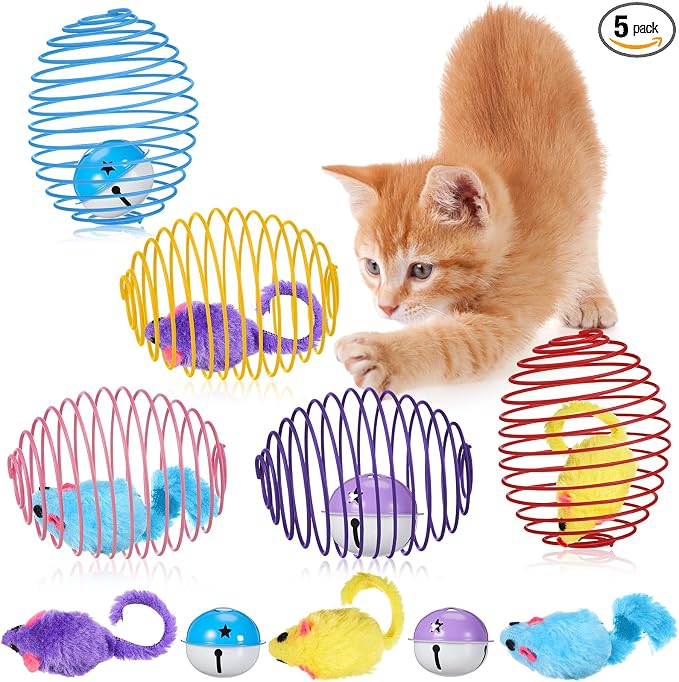 Jecery 5 Pcs Cat Toys Spring,Mouse and Bell,Multicolor