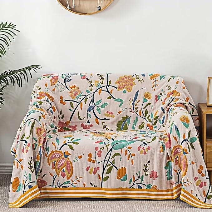 Boho Throw Blanket for Bed 100% Cotton Bohemian Blankets Ultra Soft Woven Muslin Decorative Blankets All Seasons Vintage Quilt Knitted Blanket for Sofa Chair(Yellow, 90"x98")