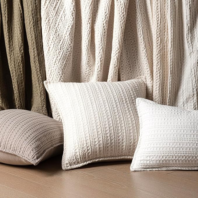 Foindtower Set of 2 Decorative Cotton Waffle Weave Throw Pillow Covers Euro Shams Cushion Covers Accent European Pillowcase for Bed Couch Sofa Bedroom Living Room Home Decor 20×20 Inch Cream White
