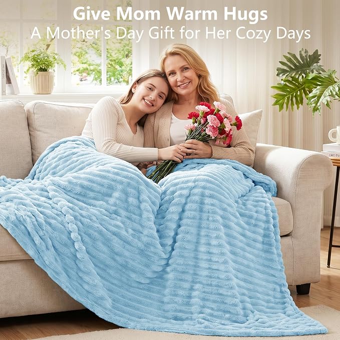 Light Blue Twin Blanket for Bed & Couch, 60 x 80 Inch | 300GSM Ribbed Fleece Blanket, Soft, Cozy & Lightweight, OEKO-TEX Certified, All-Season Use for Travel, Dorm & Home Decor
