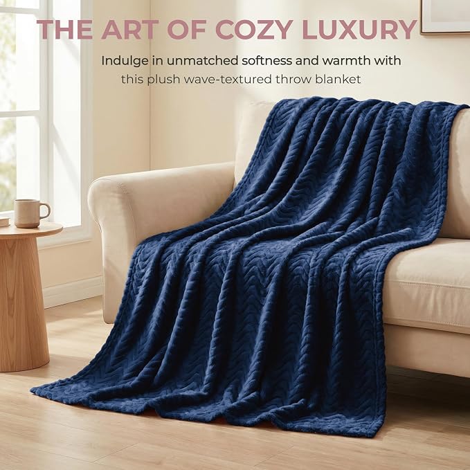 Exclusivo Mezcla Large Fleece Throw Blanket for Couch, Sofa, Navy Blue | 50"x70" Soft Breathable Lightweight Flannel Throws for Summer, Plush Cozy Jacquard Wave Blanket for Home Decor