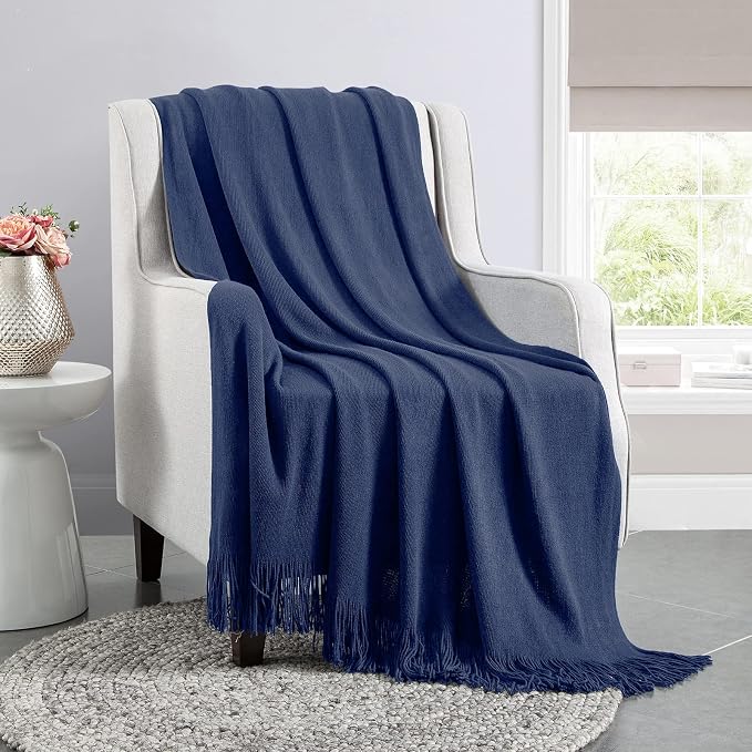 Vonty Royal Blue Knitted Throw Blanket with Tassels Fringe, 50x60 Acrylic | Super Soft And Lightweight, Year-Round Cozy Warmth, Farmhouse Decorative Style, Machine Washable, for Couch, Sofa or Bed