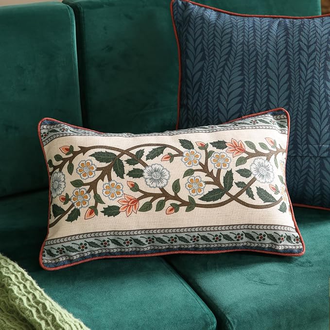 Vintage Linen Throw Pillow Cover,Set of 2,20"x12"-Naples C | Designer French Elegant Pillow Cover,Concealed Zipper Design,Floral Pattern,Sofa,Bedroom,Living Room,Lounge Chairs