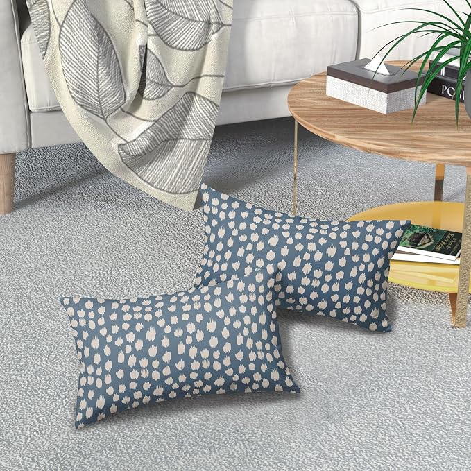 Dusty Blue Cream Dots Lumbar Pillow Covers 12x20 Set of 2 Boho Design Polka Dot Print Throw Pillows Modern Outdoor Decorative Pillowcase Rectangle Linen Cushion Cases Decor for Sofa Couch Bed
