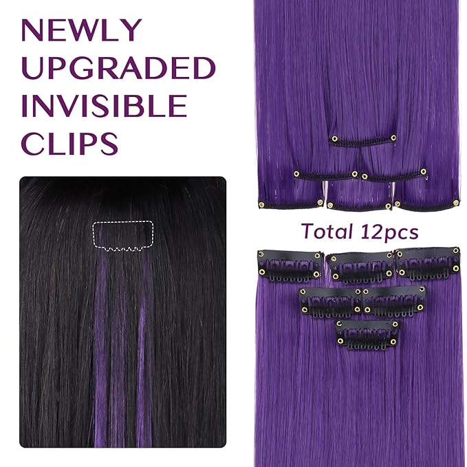 IDN BEAUTY Colored Clip in Hair Extension, 12PCS Deep Purple 24Inch Invisible Clip Straight Synthetic Hair Pieces for Women, Hair Accessories for Party Cosplay Travel Birthday Halloween