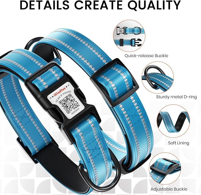 Personalized Dog Collar with QR Code Dog Tag, Blue 05 S | Anti-lost, 1000D nylon, reflective, padded, XS-L(8"-24"), QR buckle shares lost pet profile, location alerts when scanned