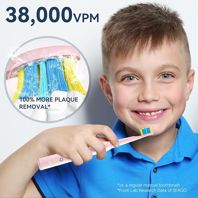 SEAGO Kids Electric Toothbrush, Sonic Soft Bristle Rechargeable Toothbrushes with DIY Stickers, 5 Modes, Includes 4 Replacement Brush Heads, Ages 3 to 12 Years Old (Pink)