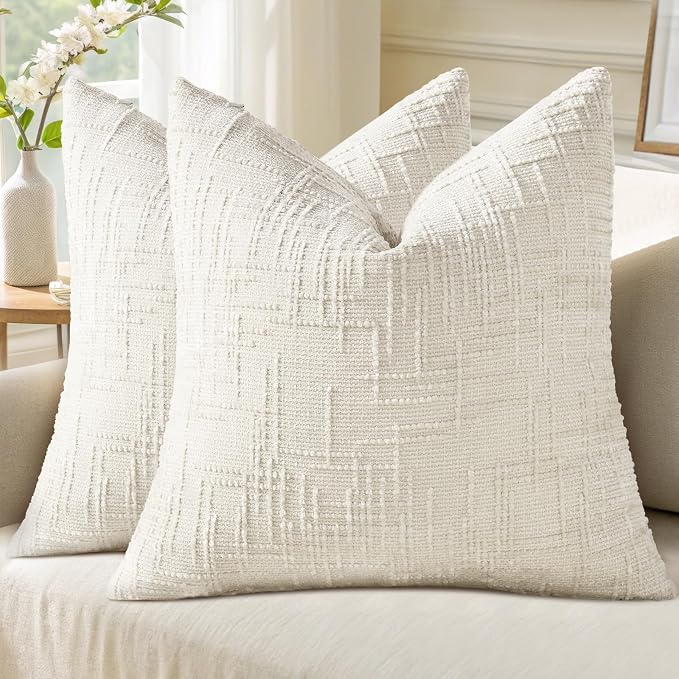 decorUhome Textured Chenille Throw Pillow Covers 24x24 Set of 2 Cream White | Fall Modern Farmhouse Soft Cozy Slubby Couch Pillow Cases Boho Decorative Pillow Cases for Bed Sofa Living Room Home Decor