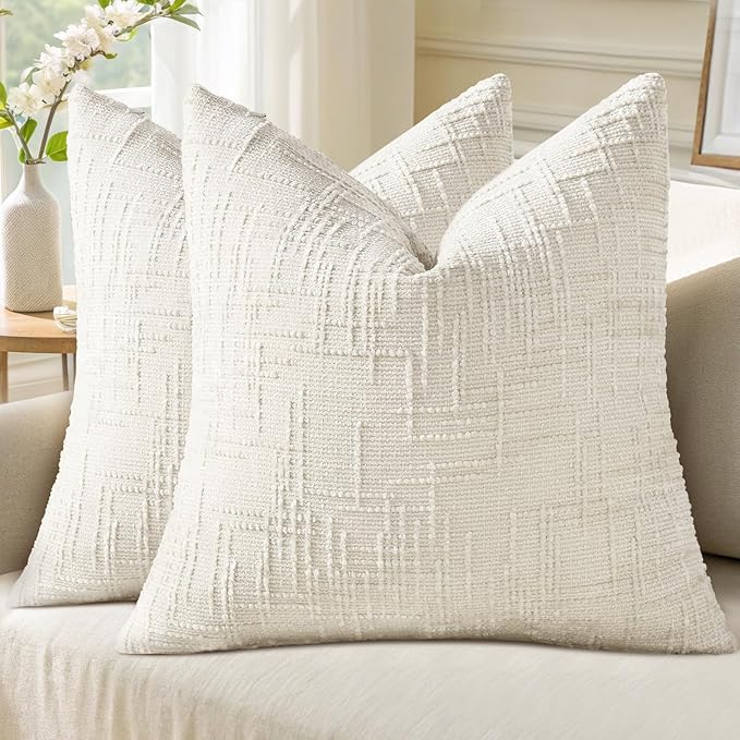decorUhome Textured Chenille Throw Pillow Covers 22x22 Set of 2 Cream White | Fall Modern Farmhouse Soft Cozy Slubby Couch Pillow Cases Boho Decorative Pillow Cases for Bed Sofa Living Room Home Decor