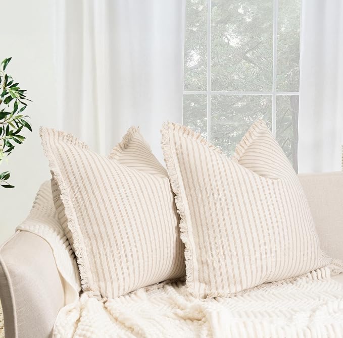 Throw Pillow Covers 22x22 Set of 2 Striped Pillow Covers with Fringe Chic Cotton Decorative Pillows Square Cushion Covers for Sofa Couch Bed Living Room Farmhouse Decor, (Khaki)