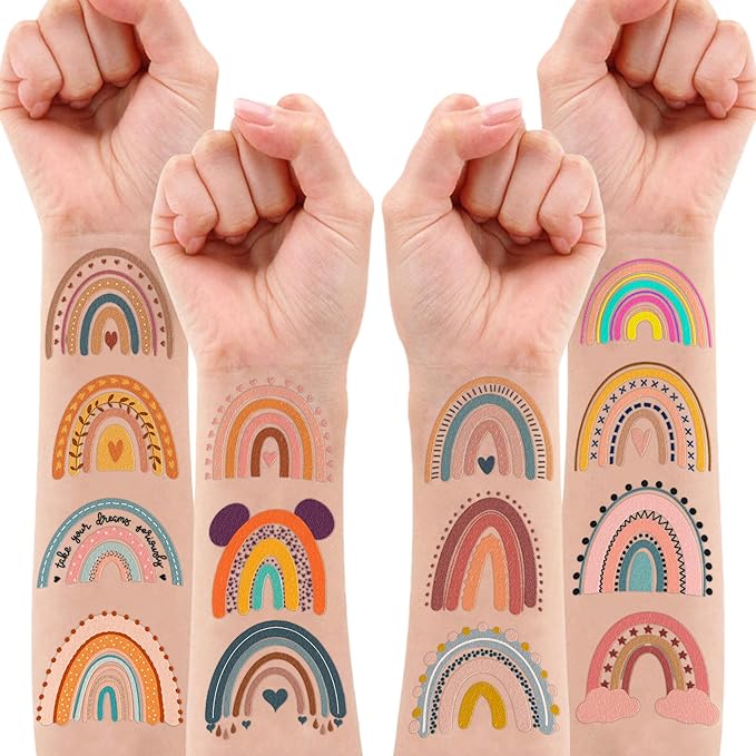 Boho Rainbow 1st Temporary Tattoos 8 Sheets 96PCS Rainbow Party Decorations Supplies Favors Boho Pastel Theme Birthday Cute Stickers Christmas Gifts for Boys Girls Class School Prizes Carnival