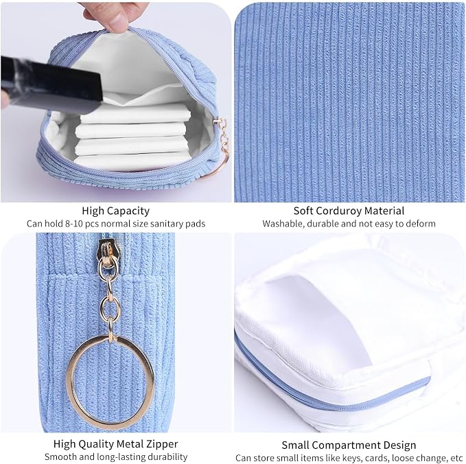 Sanitary Napkin Storage Bag, Preppy Corduroy Period Bag for School Teen Girls, Cute Portable Period Pouch with Zipper, Sanitary Pads Bag Tampons Holder for Purse, First Period for Women Ladies