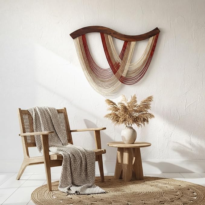 Warm Neutral Macrame Wall Hanging Dip Dyed Yarn Wall Art, Modern Boho Decor | Handmade Cotton Rope Tapestry for Bedroom, Living Room, Nursery, 31.5 x 23.6 Inch