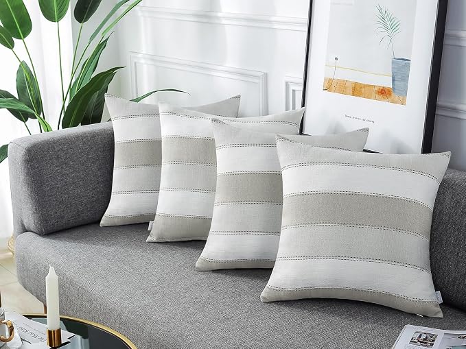 Pack of 2 Farmhouse Stripe Check Throw Pillow Covers Set Case Cotton Linen Decorative Pillowcases Cushion Cover for Couch Bench Sofa 24x24Inch Light Grey Beige