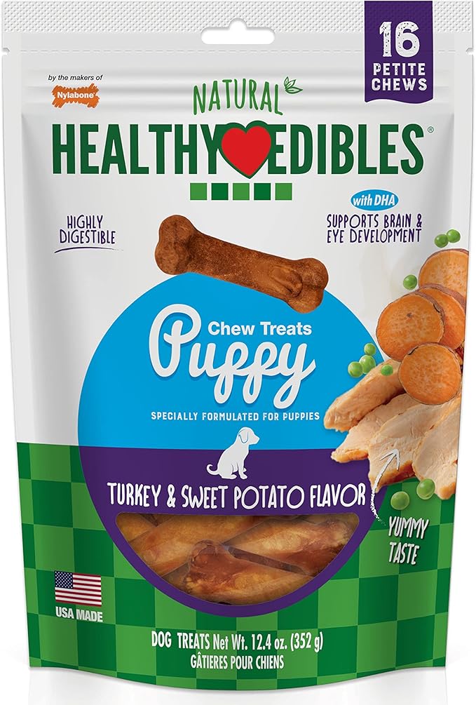 Nylabone Healthy Edibles Puppy Dog Treats, 16 Count | Turkey & sweet potato flavor, natural puppy treats, USA made, highly digestible, small dog treats for puppies up to 15 lbs