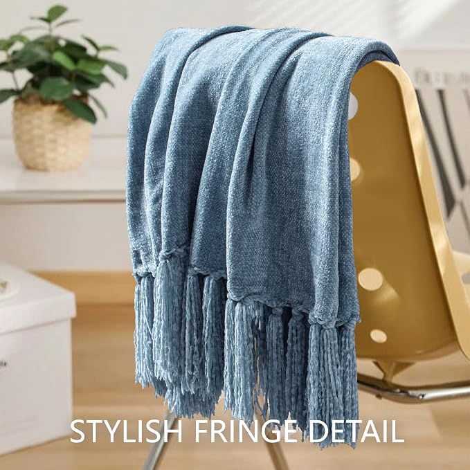 Chenille Throw Blanket for Couch 60" x 80" Twin, Dusty Blue | Soft Cozy Warm Throws with Fringe Tassel, for Living Room Bed Sofa Chair Cover, Lightweight Knitted Decorative Boho Blankets
