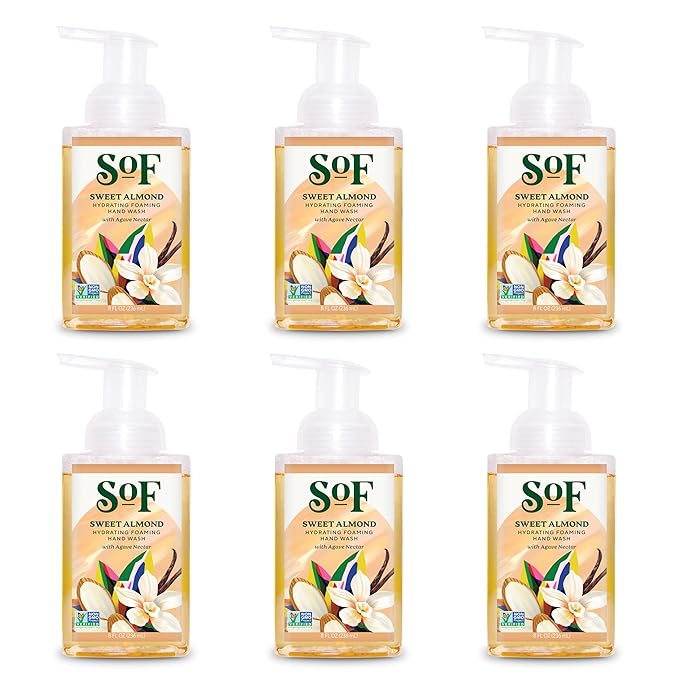 SoF Hydrating Foaming Hand Wash - With Organic Agave Nectar & Coconut Oil- Vegan & Non GMO- Free From Phthalates, Sulfates & Parabens- Sweet Almond - 8 oz Bottle 6 Pack