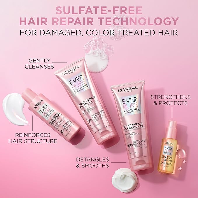 L'Oreal Paris Sulfate Free Bond Repair+ Shampoo,Hair Shampoo with Amino Acid Complex,Strengthens and Repairs Damaged or Color Treated Hair,EverPure,23 Fl Oz (Packaging May Vary),(Pack of 2)