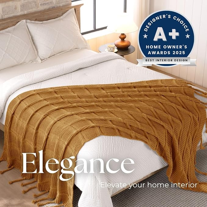 Boho Knitted Chenille Blanket with Tassels - Lightweight & Soft All-Season Throw - 3D Classic Pattern for Living Room Bedroom Couch, Amber Brown, Twin 60"x80"