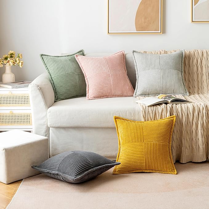 MIULEE Decorative Throw Pillow Covers for Couch 16x16 Light Olive Green | 2 Pack, Boho Broadside Striped Patchwork Pillow Covers, Soft Corduroy Cushion Cases, For Sofa Bed Livingroom Home Decor