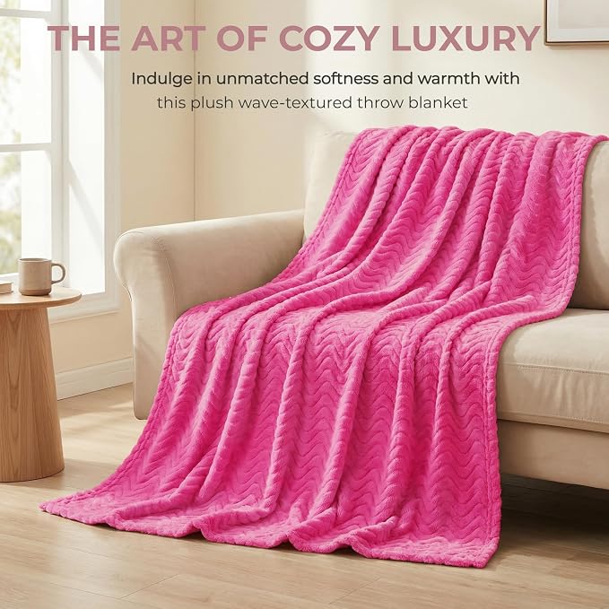 Exclusivo Mezcla Large Fleece Throw Blanket for Couch, Sofa, Hot Pink | 50"x70" Soft Breathable Lightweight Flannel Throws for Summer, Plush Cozy Jacquard Wave Blanket for Home Decor