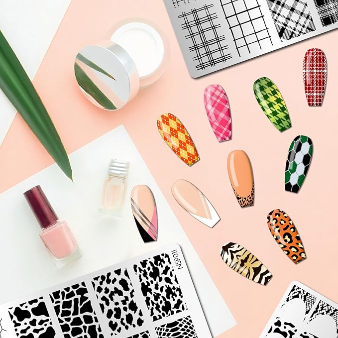 Arbuya Nail Art Stamping Plates Set of 3 - Plaid, Animal Print & French Tip Designs - Stainless Steel Manicure Art Tool
