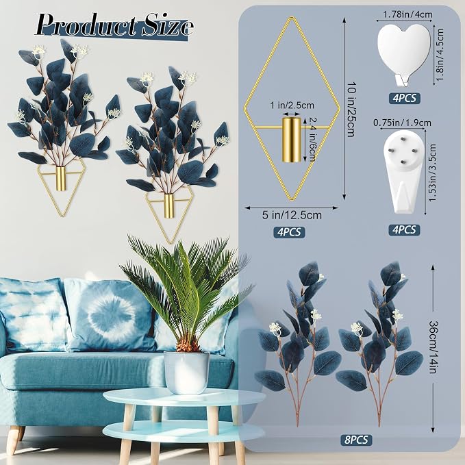Hanaive 4 Sets Boho Wall Decor Metal Wall Art Hanging Planters with Blue Artificial Eucalyptus Display Modern Home Vase for Bedroom Home Office