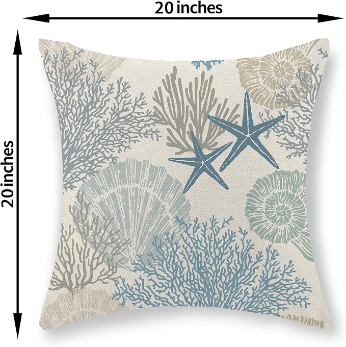 Nautical Coastal Pillow Covers 20x20 Set of 2 Blue Beach Themed Ocean Seashell Coral Starfish Throw Pillows Summer Outdoor Decorative Pillow Cases Linen Cushion Case for Home Bedroom Decor