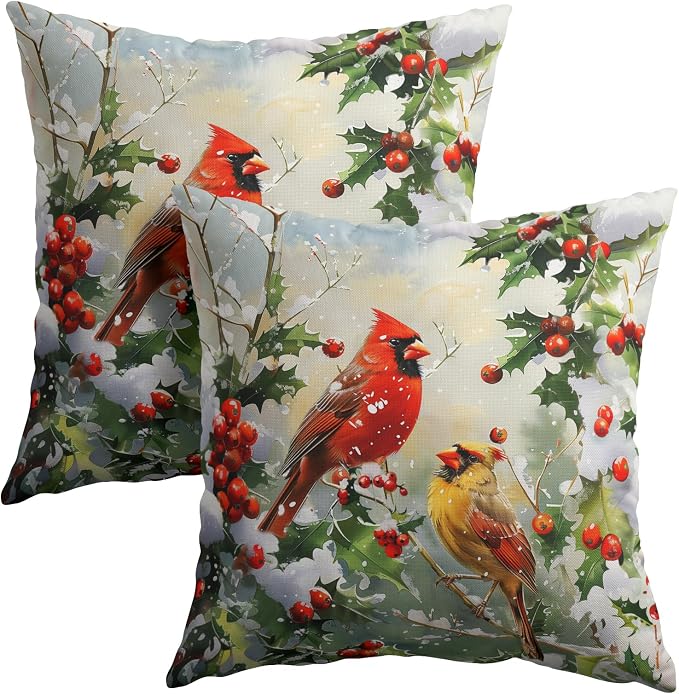 Kawani Winter Red Birds Pillow Covers 20x20 Inch, Christmas Holly Berries Pine Branch Throw Pillowcase Cotton Linen Square Cushion Case for Living Room Bedroom Couch Sofa Holiday Decor