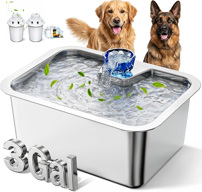 3 Gallon Stainless Steel Dog Water Fountain, Large Dogs, 2 Filters | 3-gallon stainless steel dog water fountain with quiet flow, easy-clean parts, 2 filters, plus a shallow bowl for large dogs.